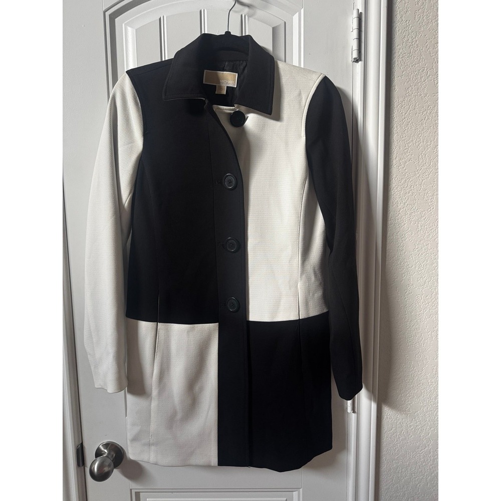 Michael Kors Colorblock Coat Size 4 Black Ivory Mod Retro Statement Jacket - Picture 1 of 8
